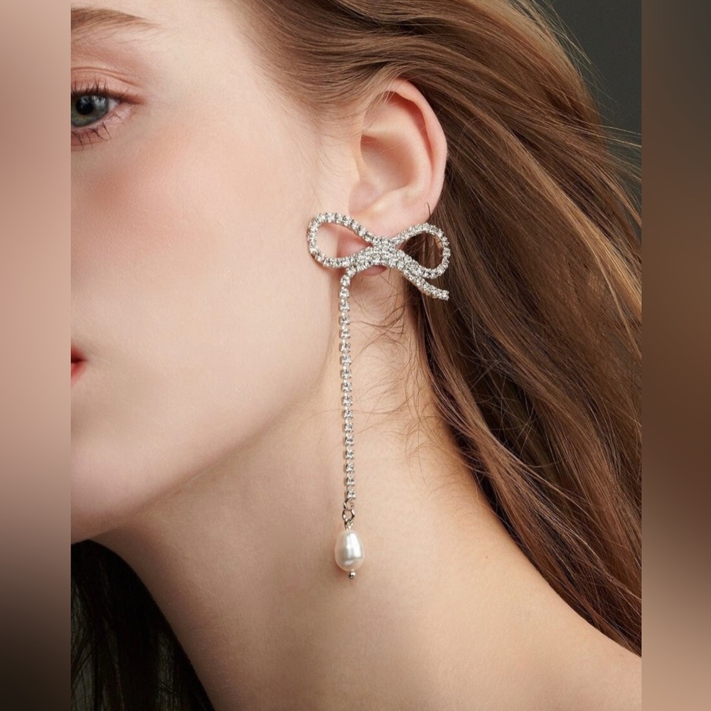 White Pink Studios Swarovski Drop Pearl Bow Earrings